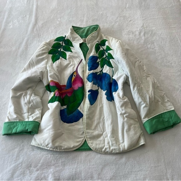 Vintage 90s Open Front Canvas Jacket With Hummingbird Art by Julia Pinkham - Picture 2 of 9